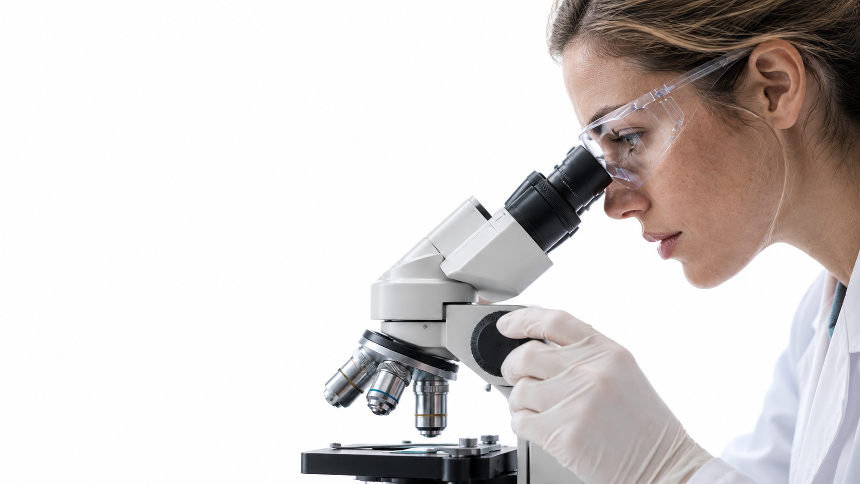 Illustrative portrait of a female laboratory researcher examining a sample through a microscope.