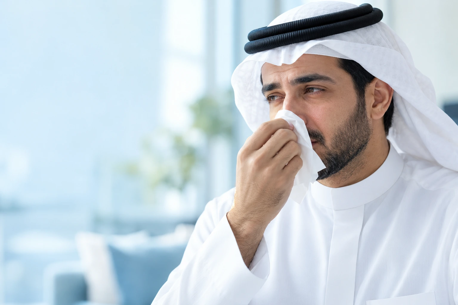 Illustrative portrait of a Saudi adult holding a tissue to his nose.